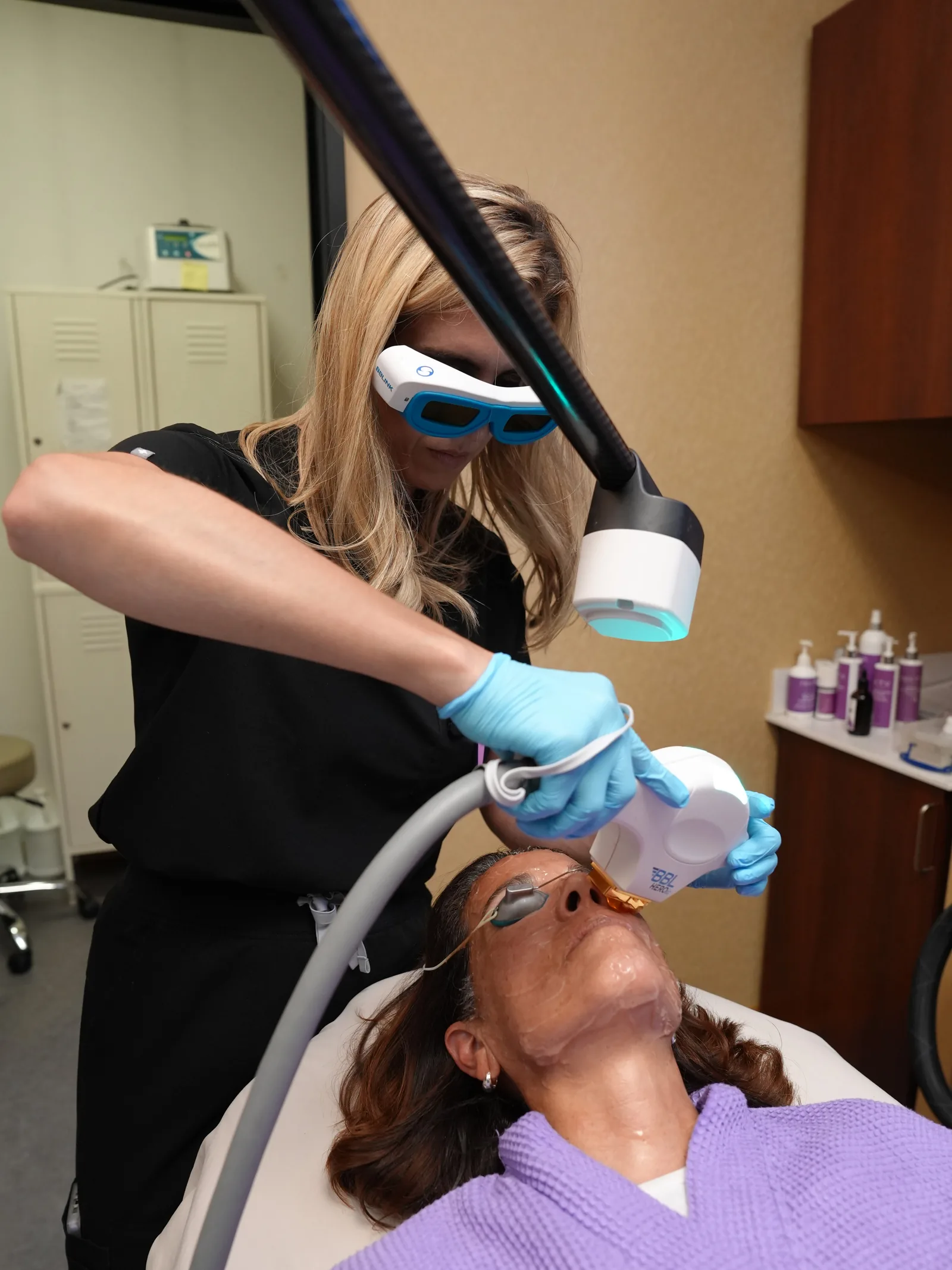 A Sciton BBL session with eye shields in place at Reviv Med Spa, Millbrae