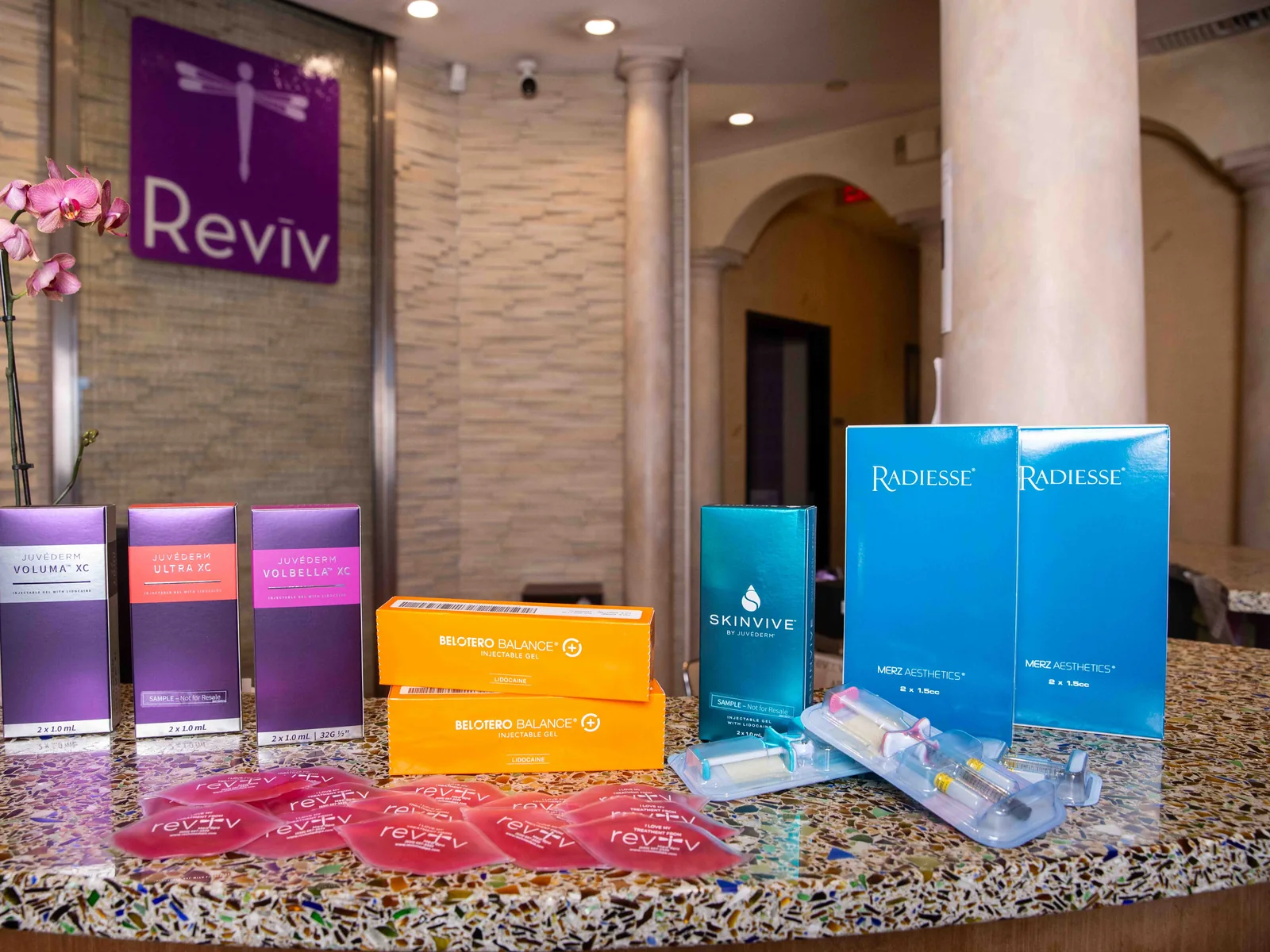 Radiesse calcium-hydroxylapatite filler by Merz on display at Reviv Med Spa, Millbrae