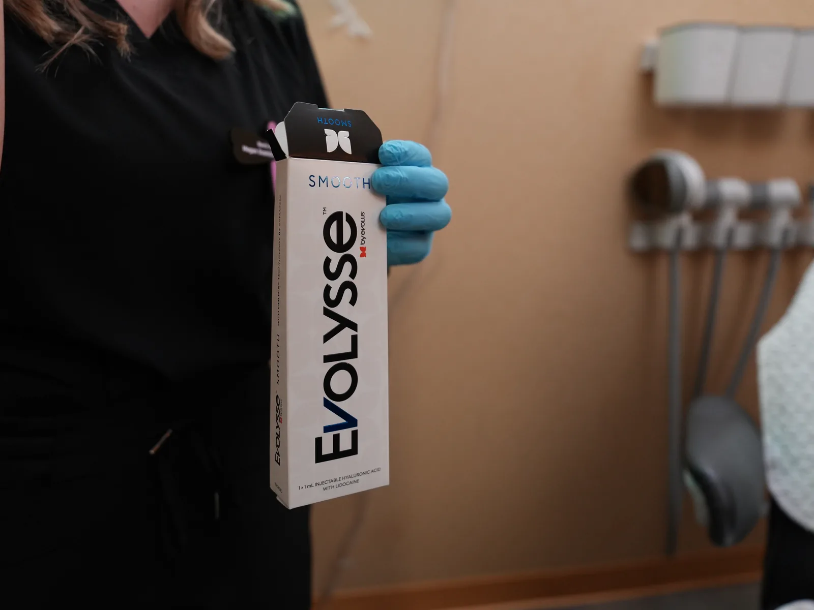 The Evolysse box held up in the treatment room at Reviv Med Spa, Millbrae